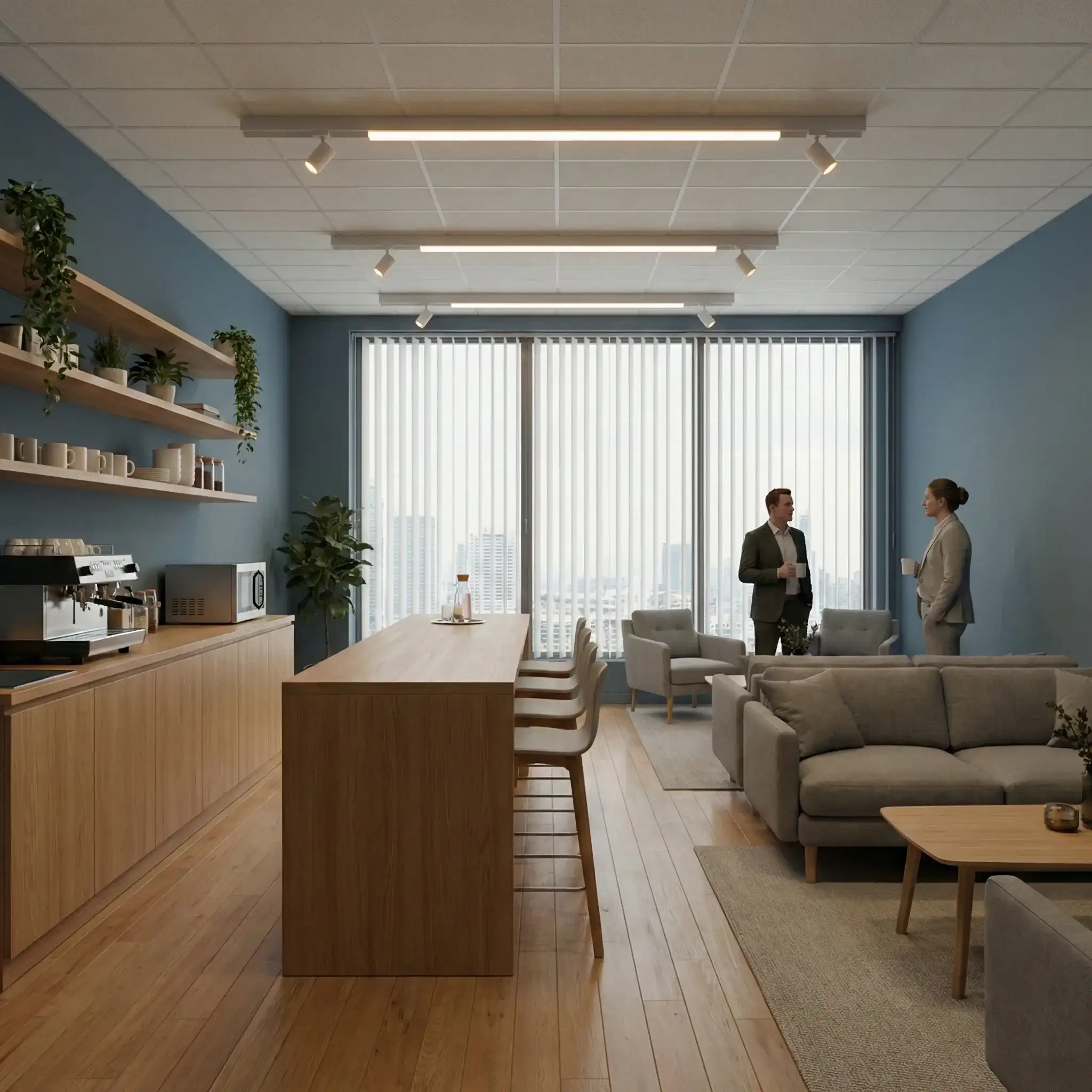 Cafetería moderna con limpieza profesional
